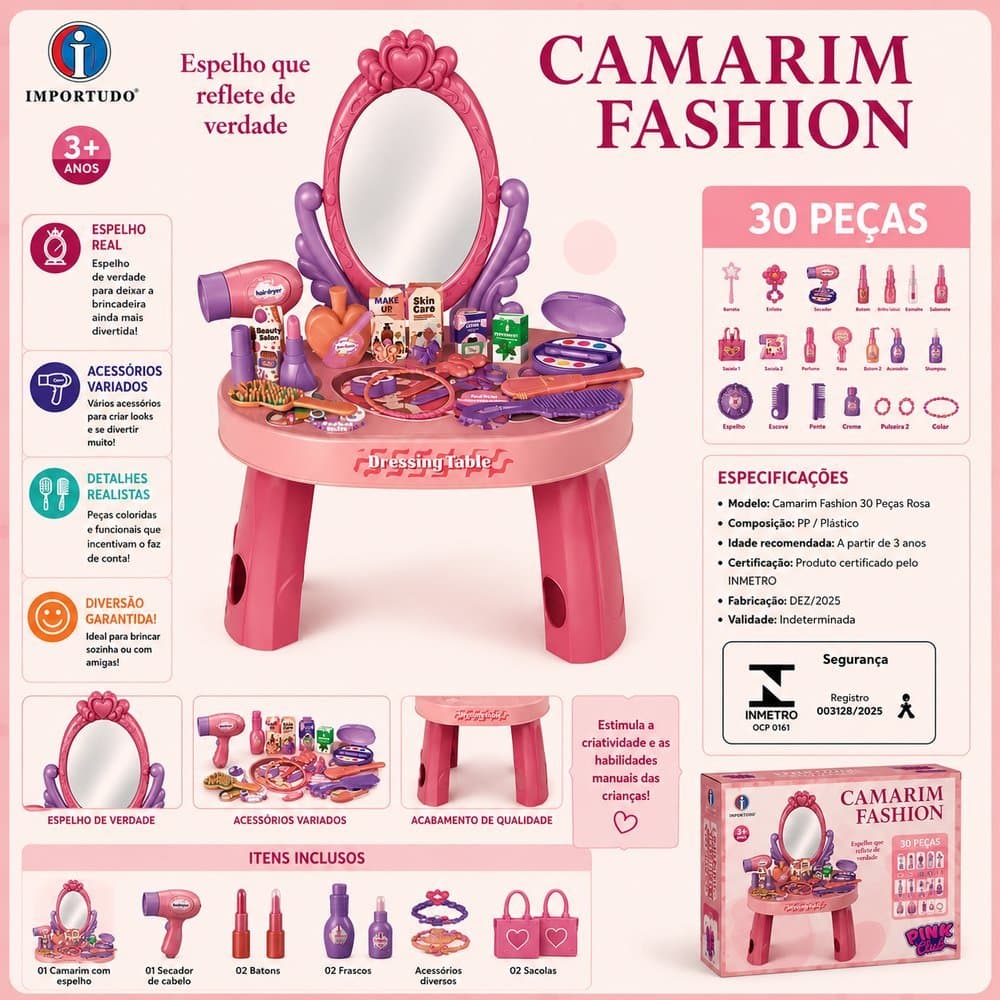 Penteadeira com Espelho Infantil 30 Peças - Rosa