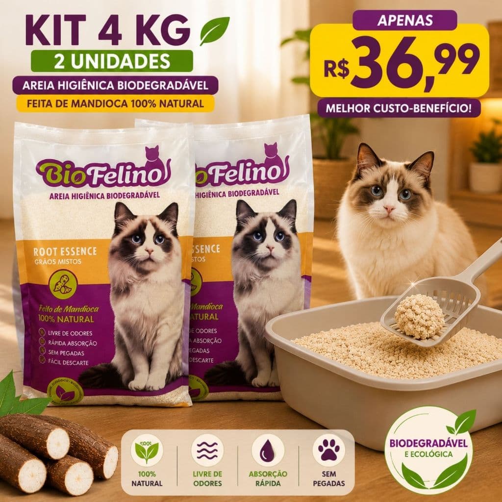 Areia Higiênica para Gatos de Mandioca 4kg | Torrão Firme + Sem Odor + Biodegradável