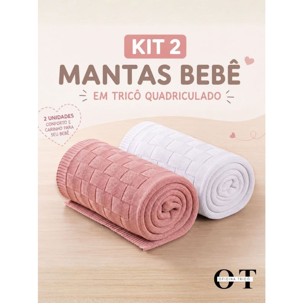 Kit 2 Mantas Cobertor Bebê Tricô Quadriculado Grosso Menino Menina Unissex RN Saida Maternidade