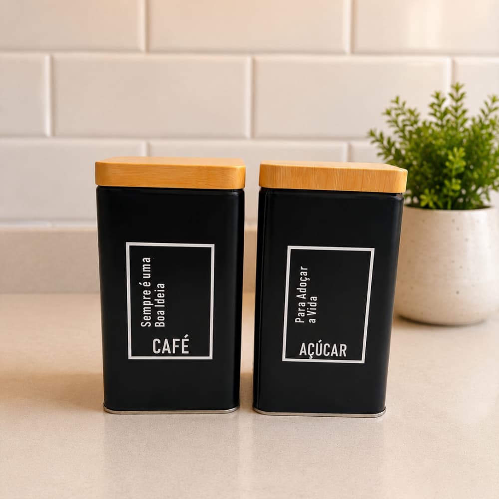 Kit 2 Potes Herméticos Porta Mantimentos Café e Açúcar Organizadores de Cozinha Preto com tampa Efeito Bambu