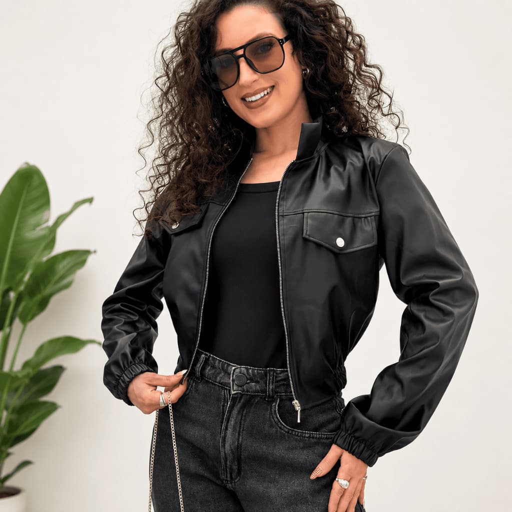 Jaqueta De Couro Feminina Com Zíper Elegante Inverno