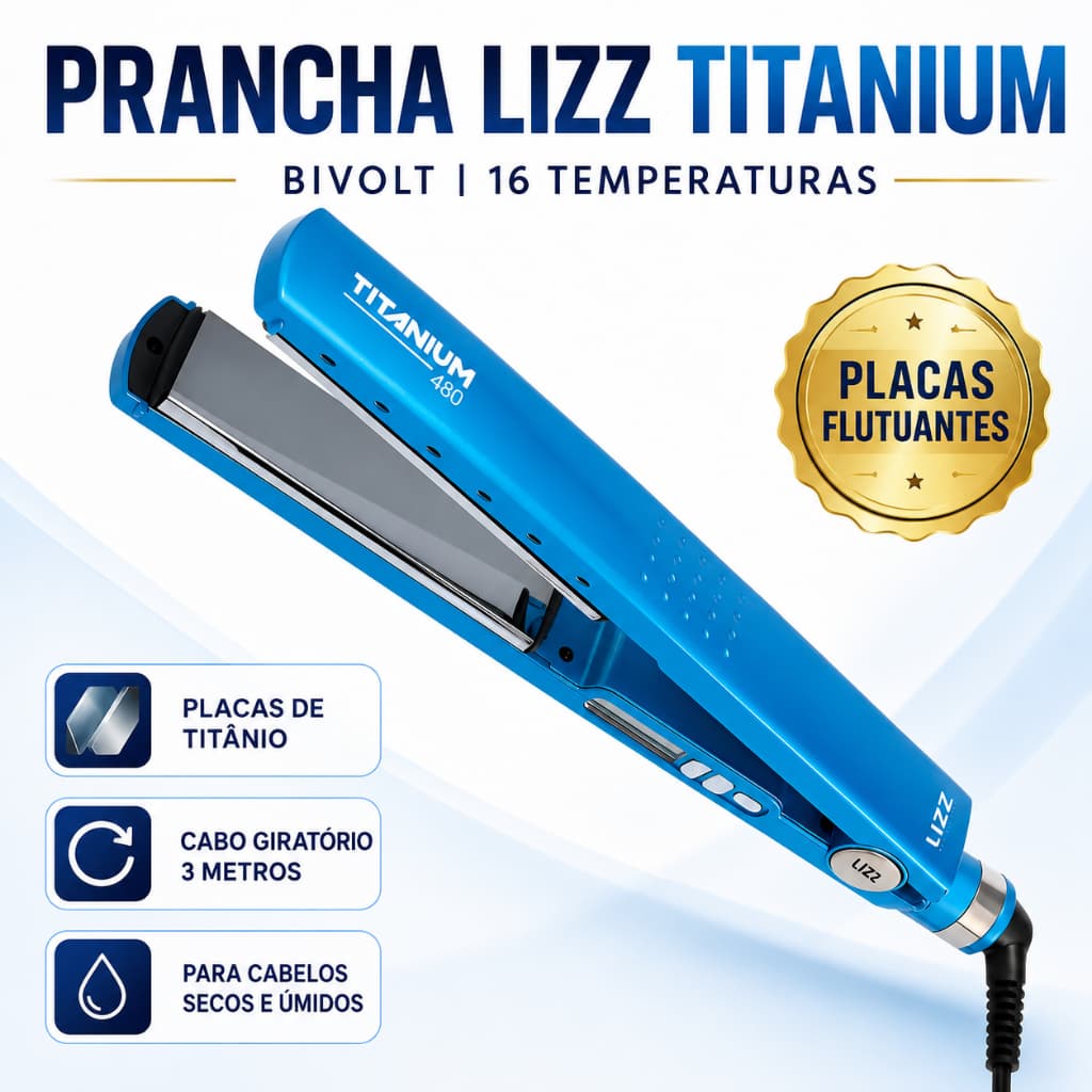 Prancha Lizz Premium Titanium Bivolt Cabo Giratório 3m Azul-claro