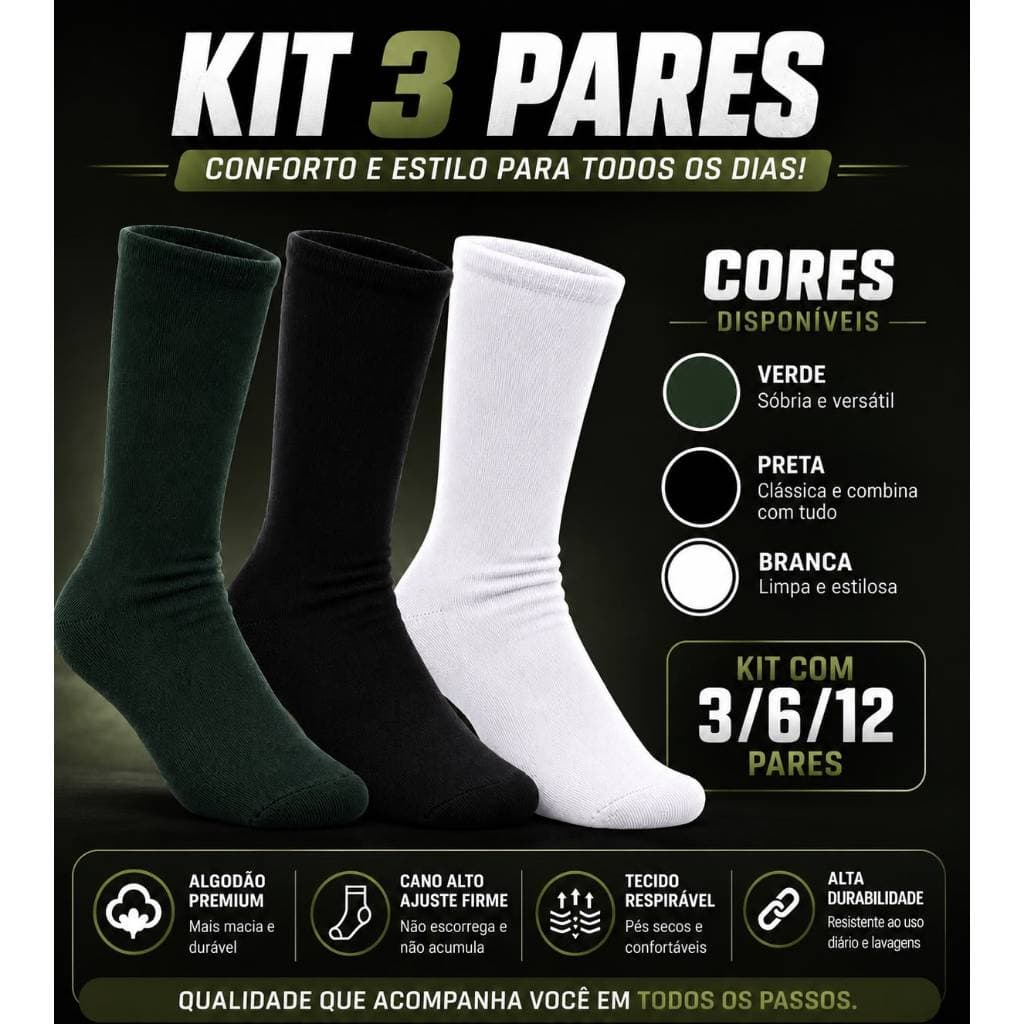 Meia Cano Longo para Coturno Militar | Kit 1, 3 ou 6 Pares | Algodão Premium | Cano Alto | Tática | Trabalho | Trilha |