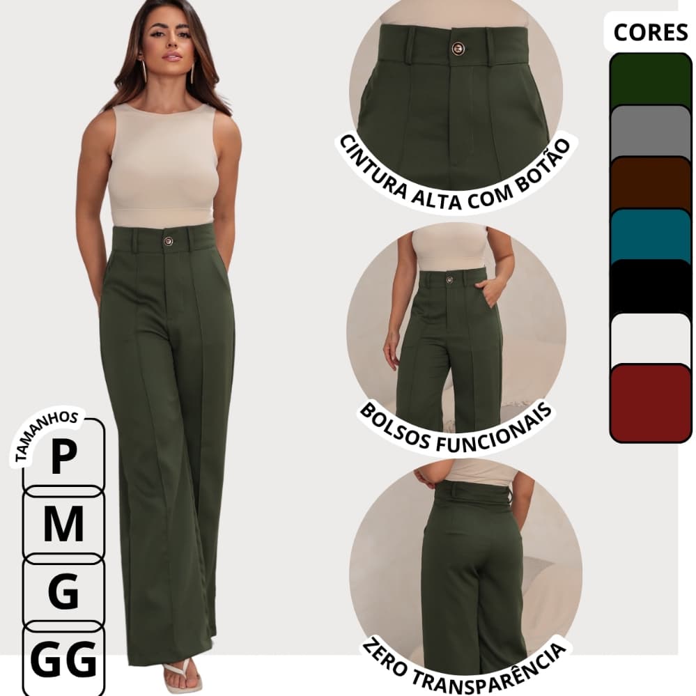 calca feminina cintura alta wide leg pantalona social elegante com bolso calca alfaiataria confortável