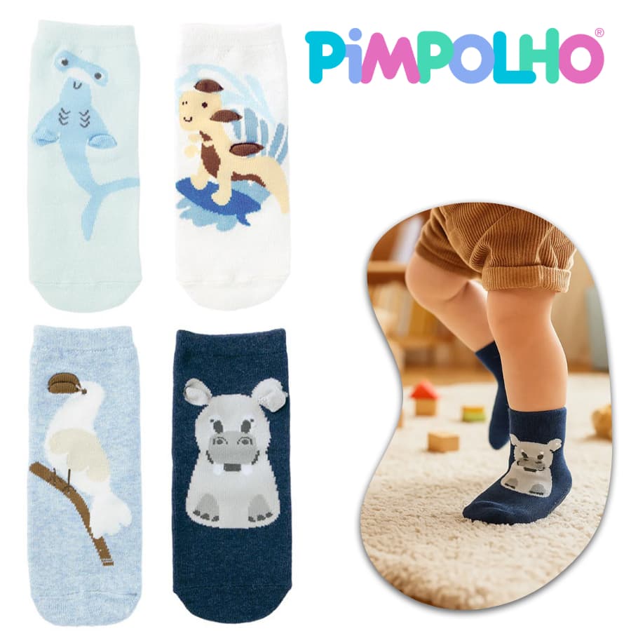 Meia Pimpolho Antiderrapante Menino Tamanho 26-30 Infantil 75% Algodão, Kit com 4 Pares- 2D