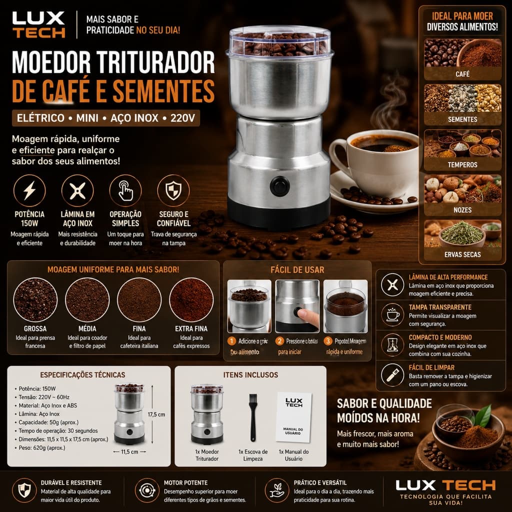 Moedor Triturador De Café Sementes Elétrico Aço Inox Mini 220V
