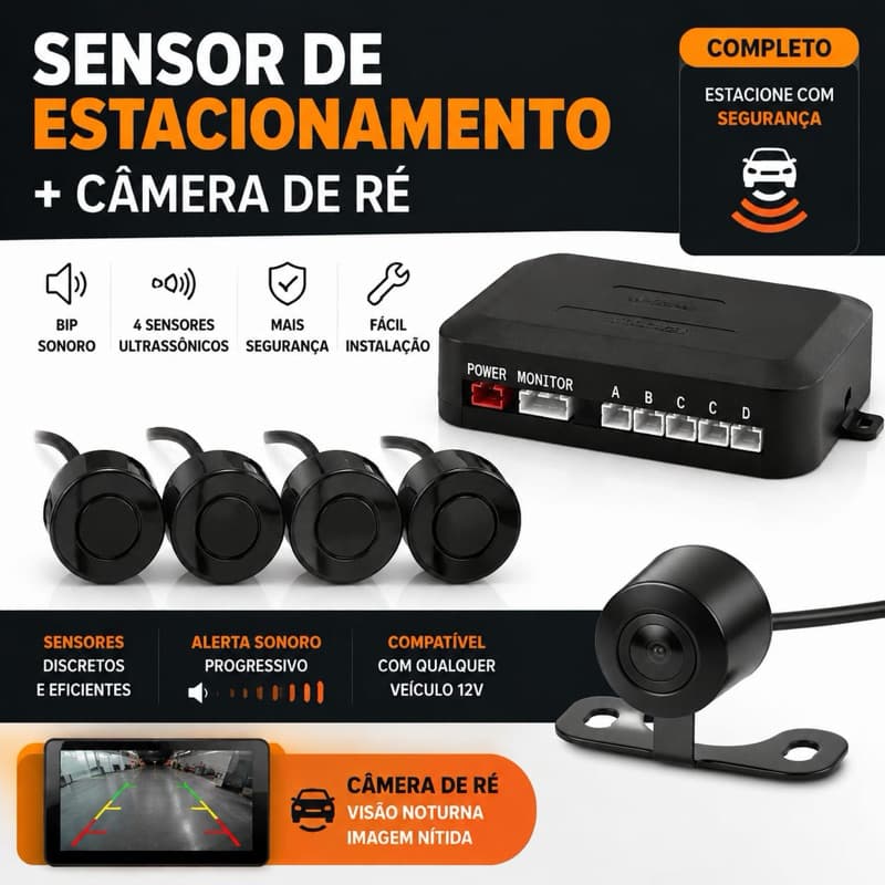 Câmera de ré + Sensor de estacionamento 4 pontos