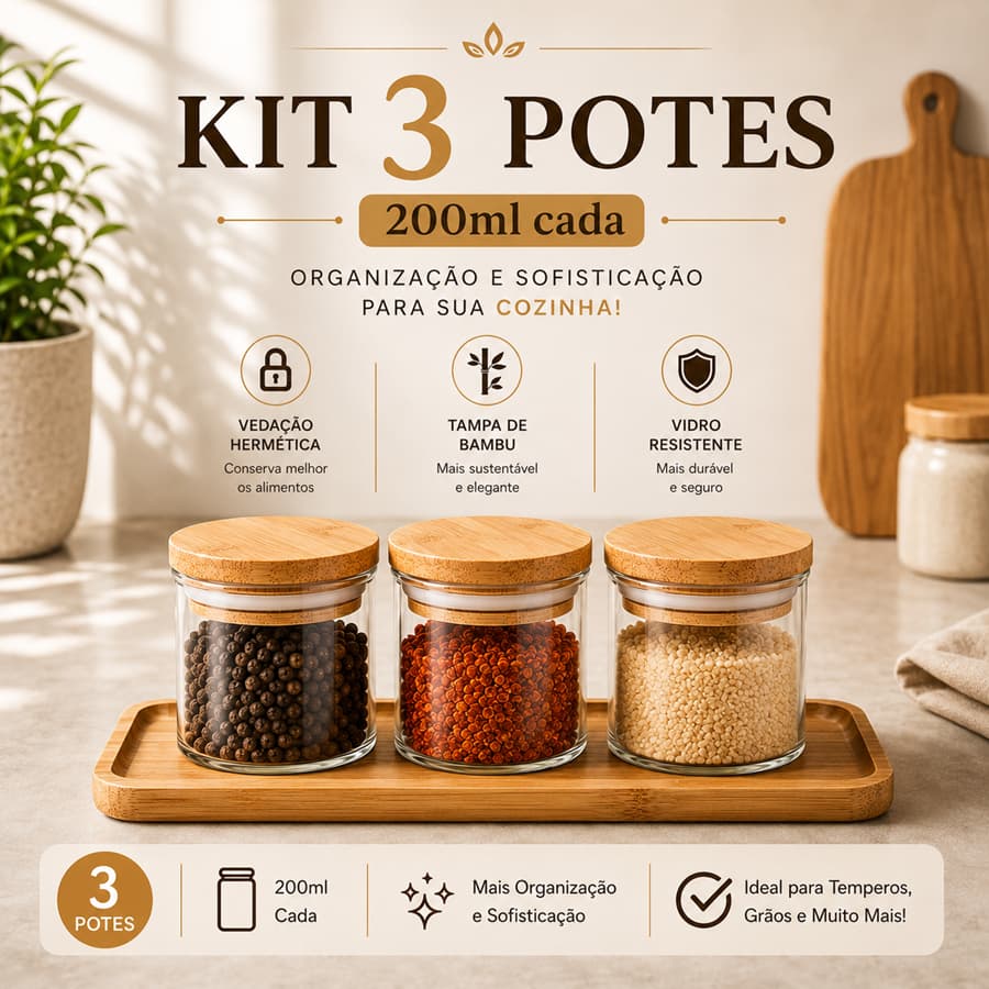 Conjunto 3 Potes Herméticos De Vidro 200ml Tampa De Bambu Porta Mantimentos