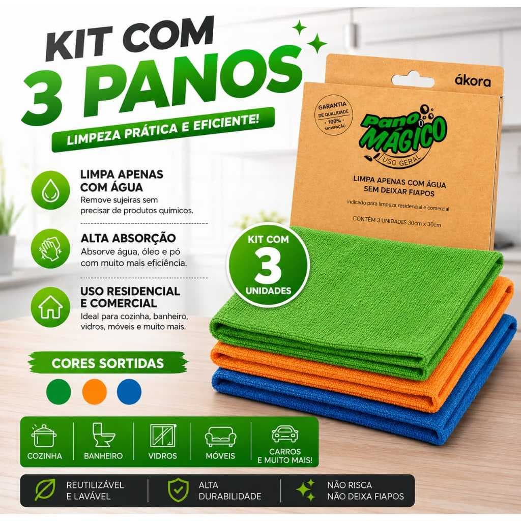 kit 3 panos magico limpa geral,vidro,folgao,geladeira,cores sortidas