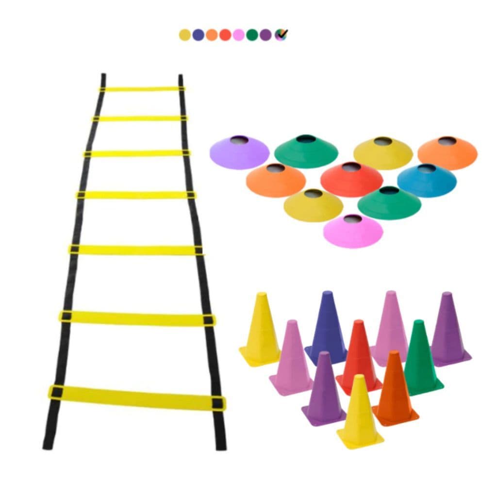Kit Funcional Agilidade Treinamento Treino Futebol Futsal 10 Cones 10 Chapéu Chinês Escada 7 Degraus
