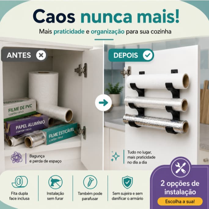 Suporte Organizador Triplo para Rolos de Cozinha – Alumínio, Filme Plástico e Papel Manteiga