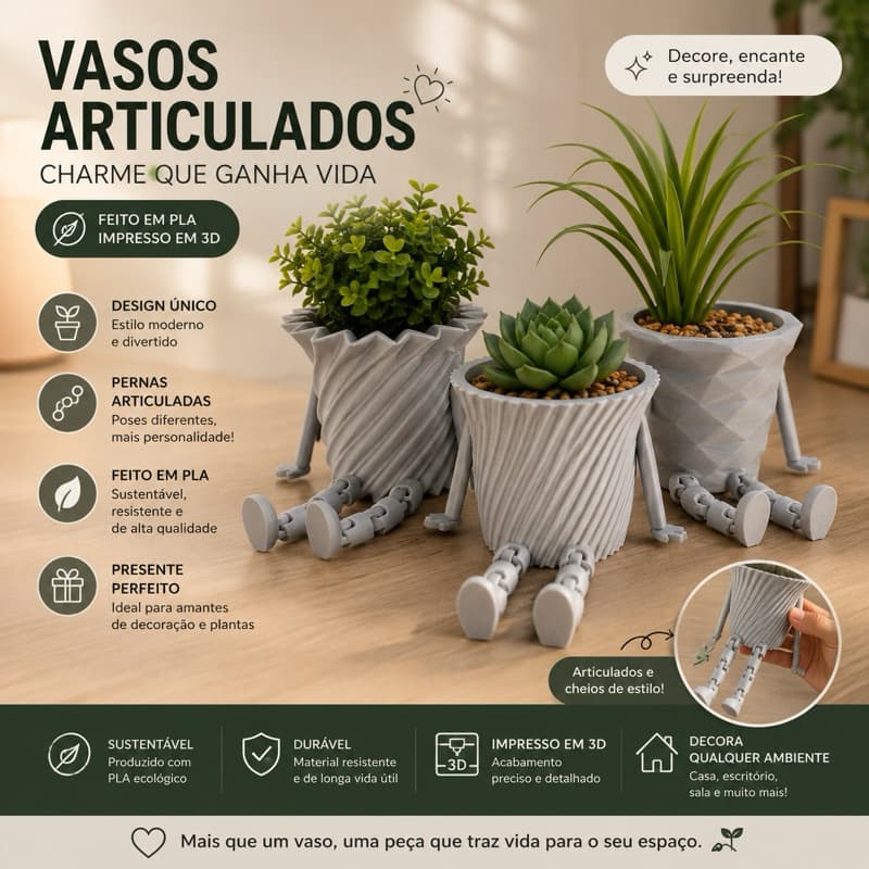 Kit 3 mini vasos fofos com pernas articuladas | Decoração fofa | Vaso divertido