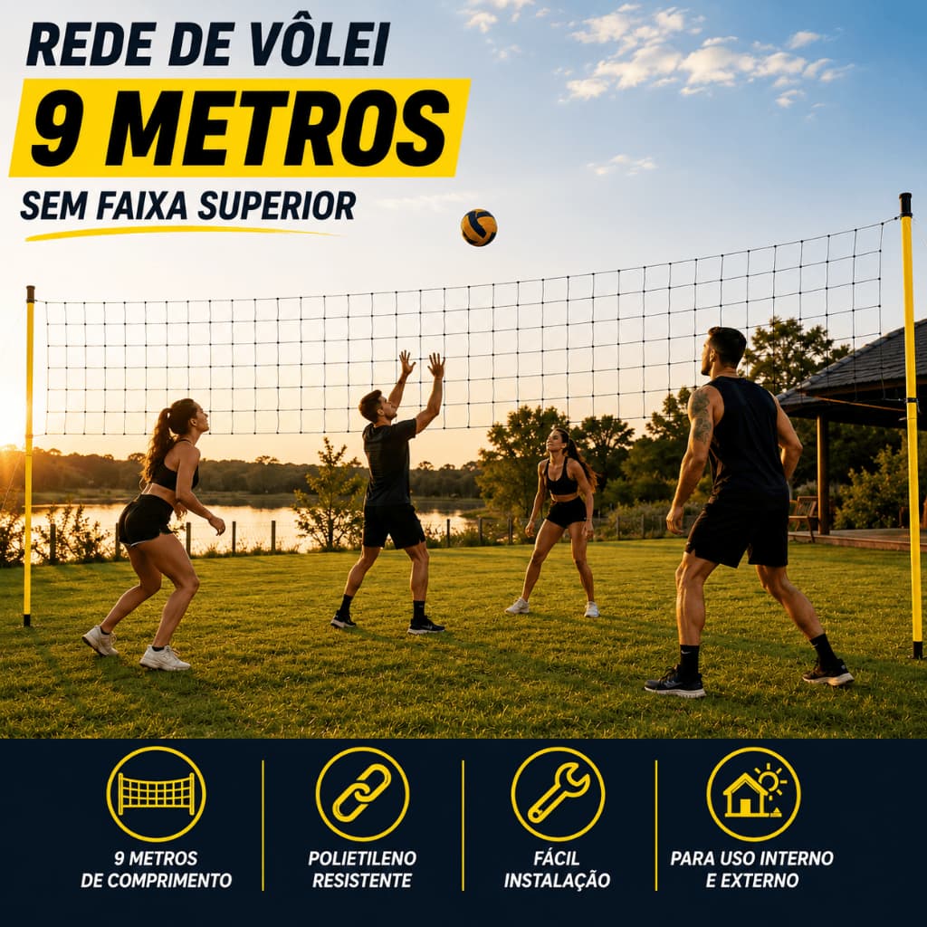 Rede Vôlei 9m Recreação Sem Faixa Reforçada Alta Resistência Para Piscina Praia Quadra Quintal