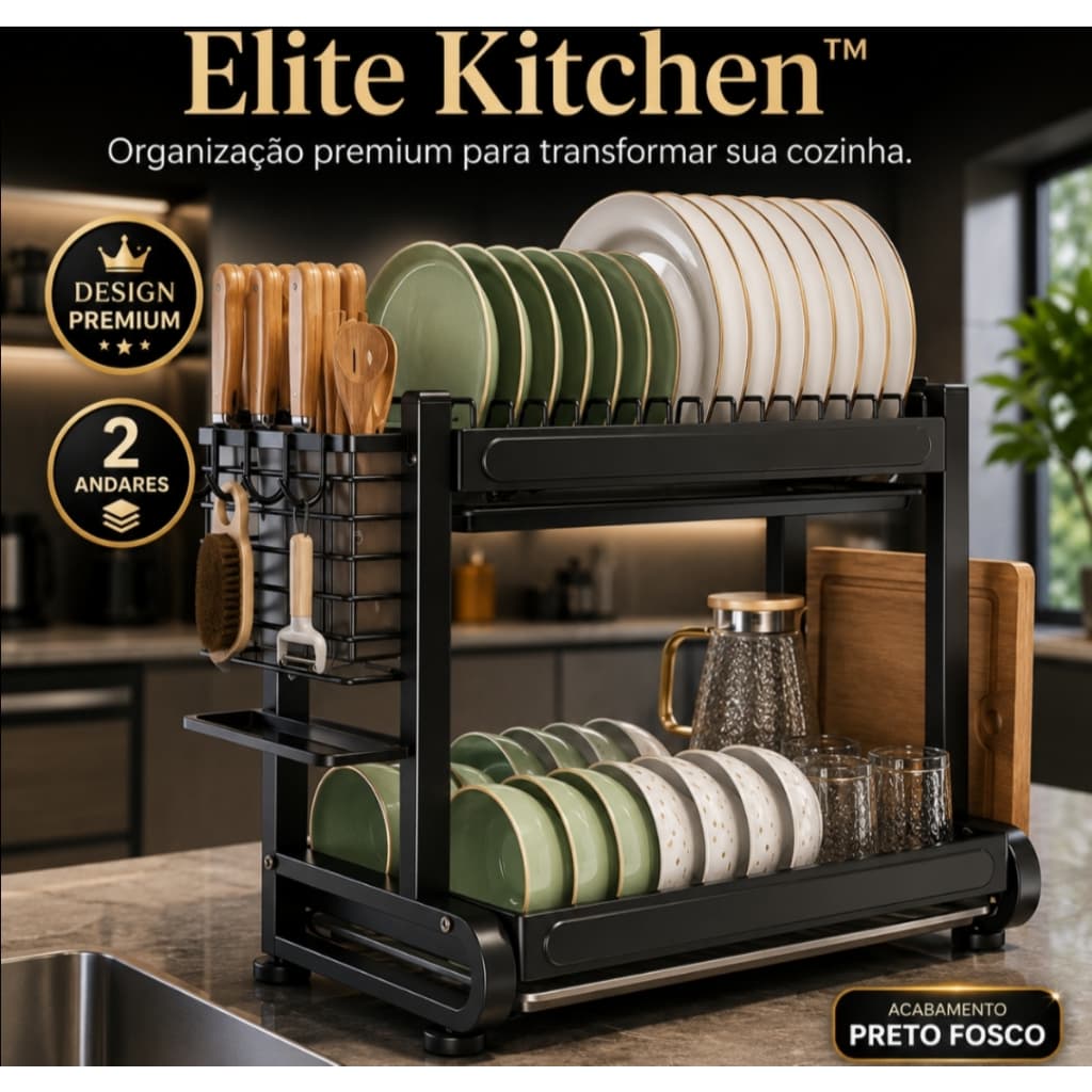 Élite Kitchen™ Escorredor de Louças 2 Andares Preto Fosco Organizador de Bancada Multifuncional Porta Talheres e Copos