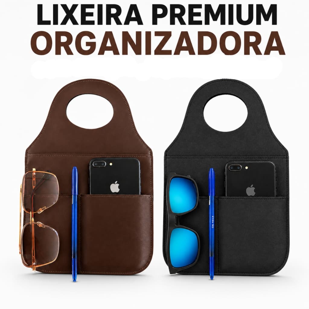 KIT Lixeira Veicular Porta Celular Objetos Couro Sintético Premium