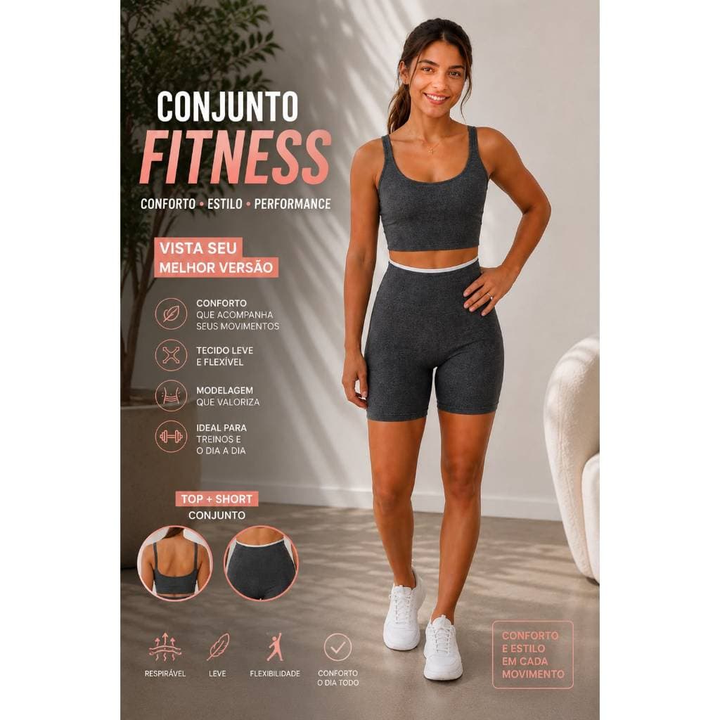 Top Fitness - Bermuda Fitness - Conjunto Feminino Academia - Cintura Alta - NO BRASIL