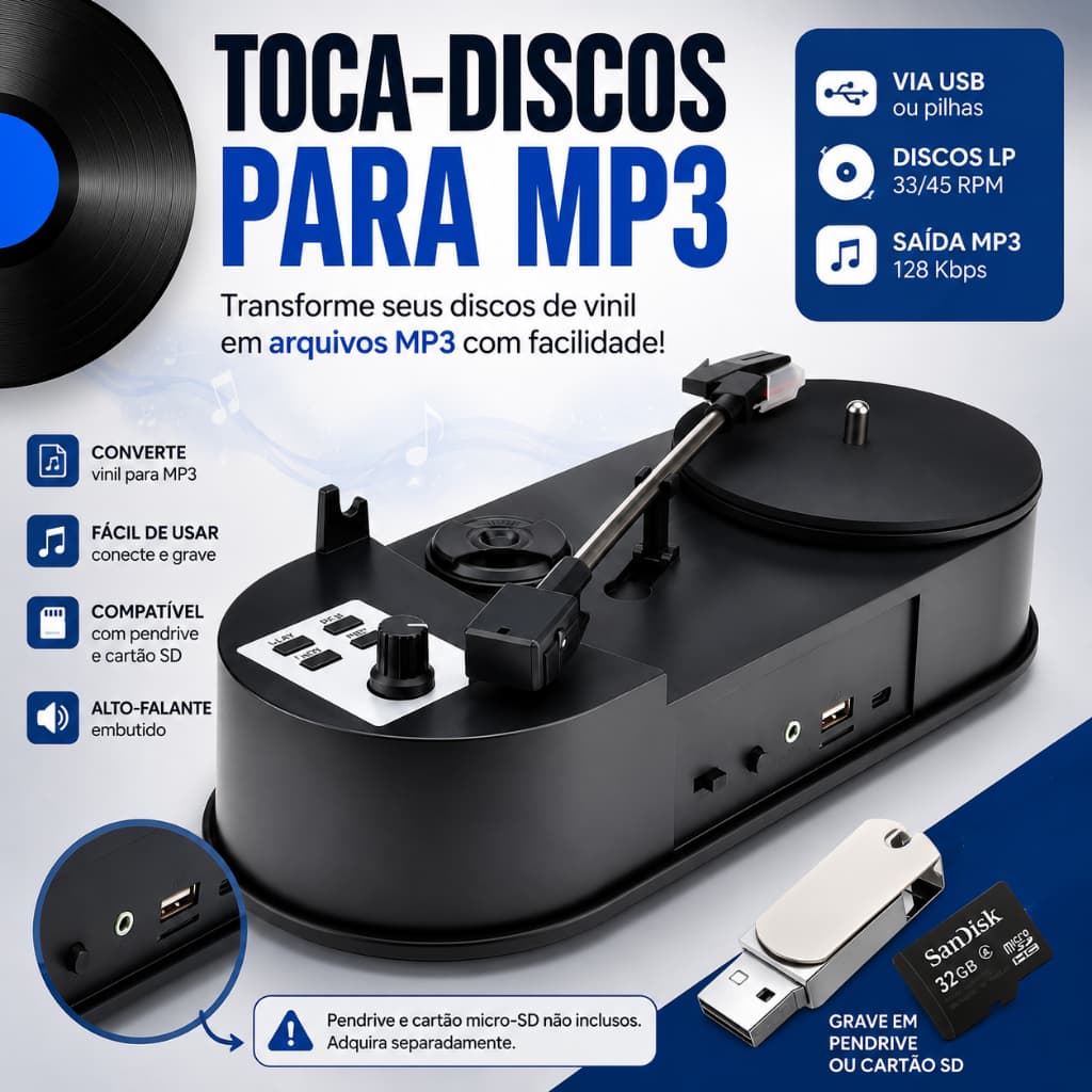 Toca-discos LP (33 / 45 RPM) portátil c/ alto-falante (funciona via USB ou a pilhas) toca áudio MP3