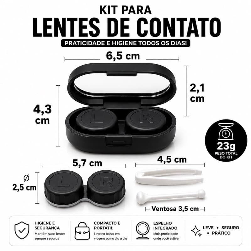 Kit Estojo Porta Lentes de Contato Rigida Gelatinosa com Espelho Pinça Aplicador Ventosa