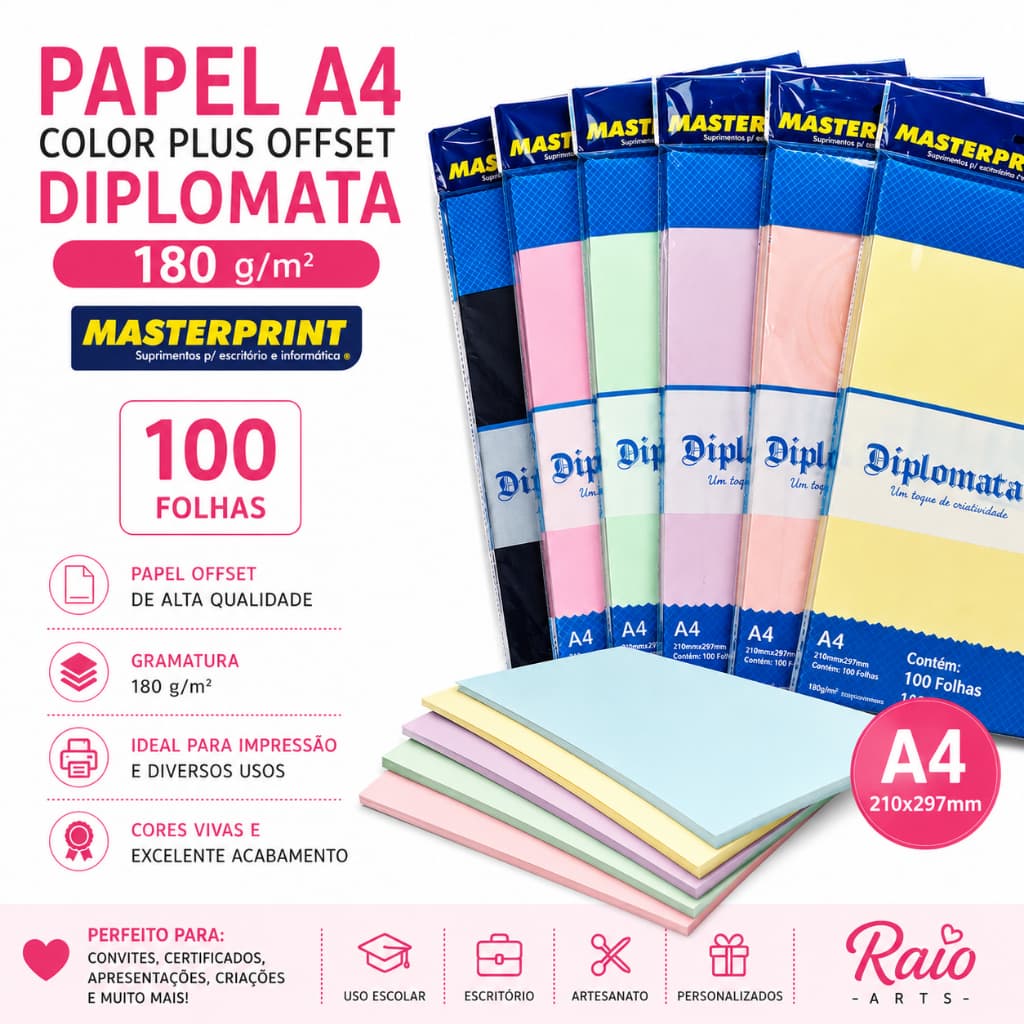 Papel A4 Color Plus Offset Diplomata 180g Masterprint 100 Folhas