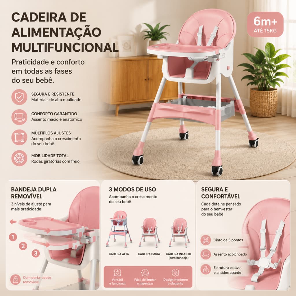 Cadeira de alimentação multifuncional para crianças, com design de altura ajustável e bandeja de camada dupla.