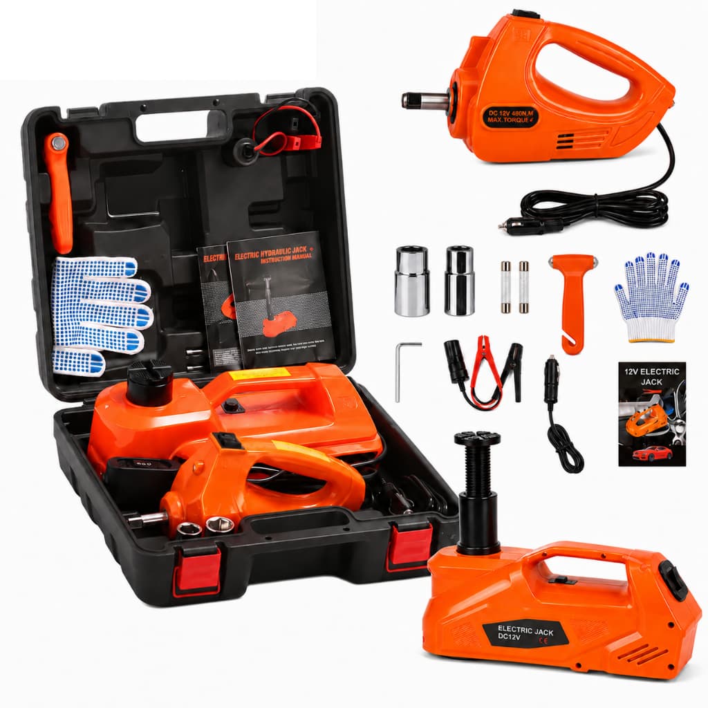 Kit Macaco Elétrico Hidráulico 12V 5 Ton com Chave de Impacto 480Nm, Maleta para Troca de Pneu