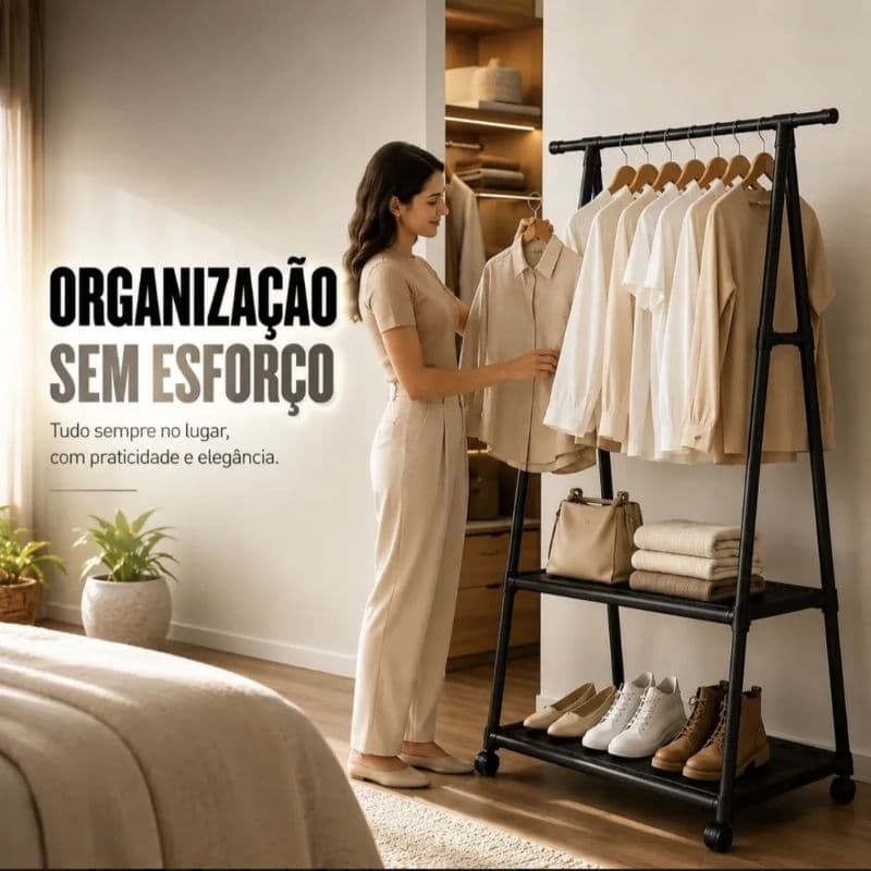 Arara Para Roupas Cabideiro De Chão Com Rodinha Prateleira Para Quarto Casa Loja Preta