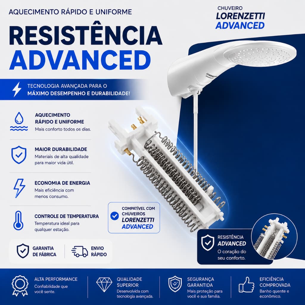 RESISTÊNCIA ADVANCED ELETRÔNICA PARA CHUVEIRO LORENZETTI 220V/ 7500W MULTITEMPERATURA COMPATÍVEL COM TOP JET DUCHA