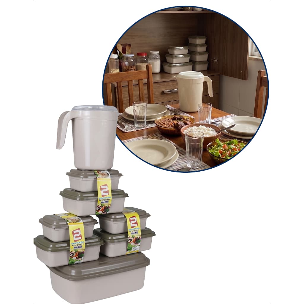 Kit Potes Marmita Plástico e Jarra 1,8L Alimentos Geladeira Cozinha Organizador Freezer Micro-ondas