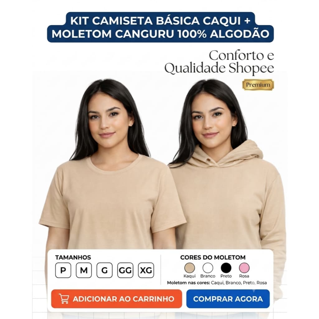Kit Camiseta  Basica e Moletom Canguru 100% Algodão