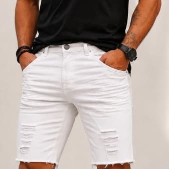 Bermuda Masculina Branca Rasgada Envio Imediato Short Brim / Jeans Rasgado Destroyed Slim Fit Promoção