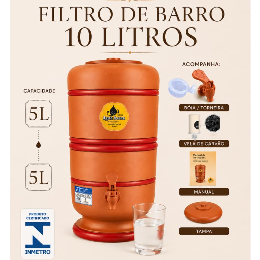 FILTRO DE BARRO 10L ( acessórios e selo INMETRO)