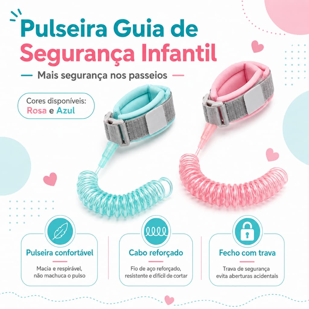Pulseira Guia Infantil Rosa ou Azul com Trava e Cabo de 1,5 m