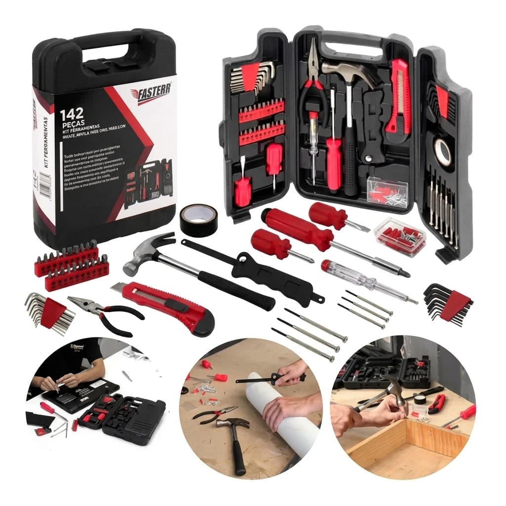 Maleta Kit Ferramentas 142 Peças Completo Jogo Multiuso Chaves Martelo Soquetes Manuais Eletricista