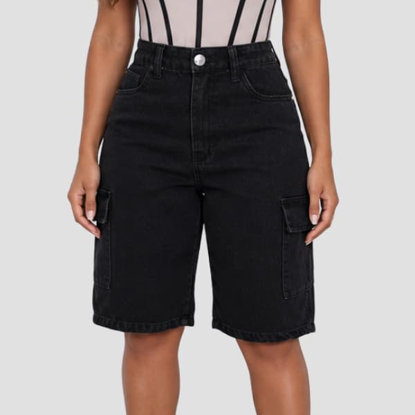 Bermuda Jeans Cargo Feminina Bolso Chapado Letaral Cintura Alta Estilo Casual Moderno Atemporal