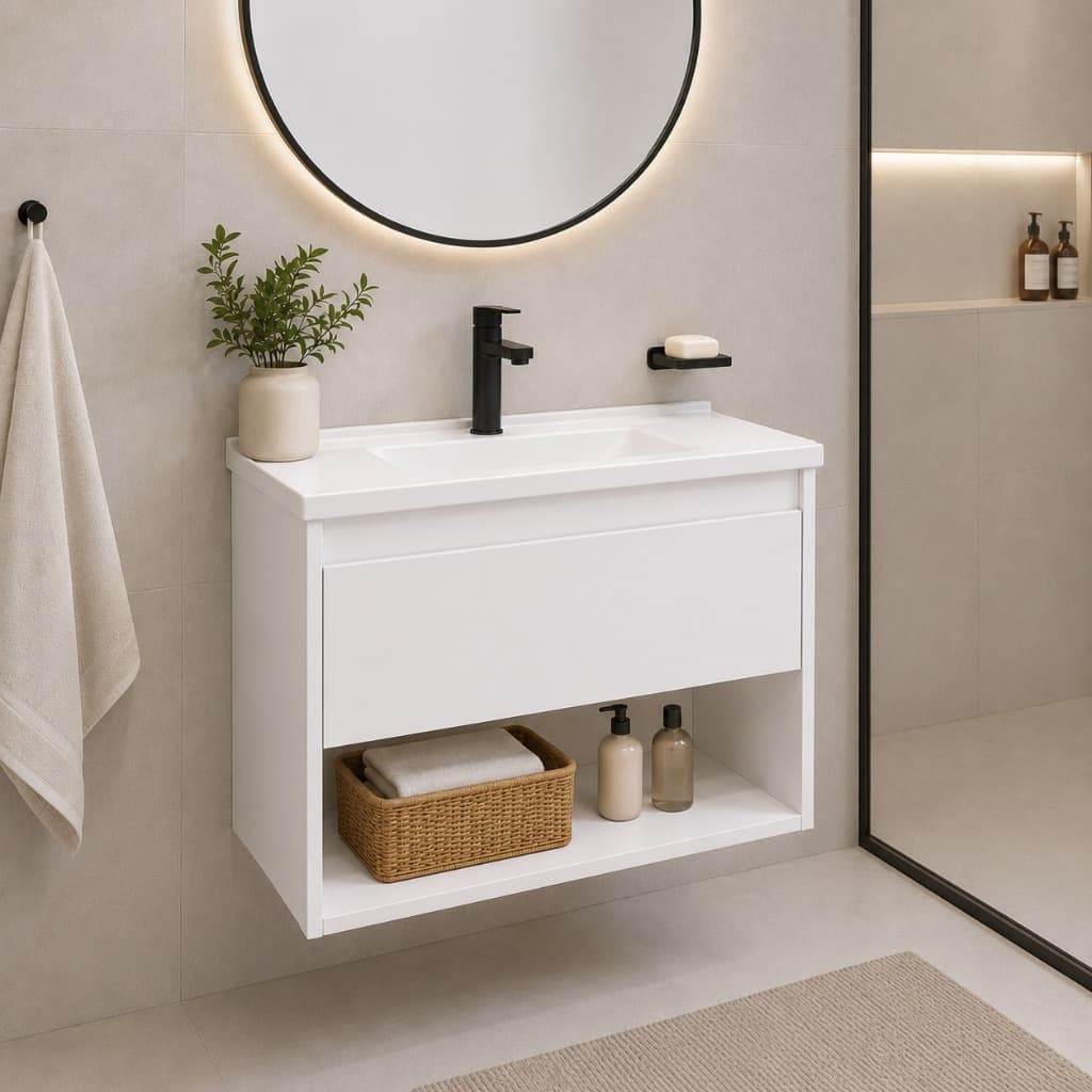 Gabinete Suspenso Completo Com Pia ABS Integrada para Banheiro Lavabo Moderno e Sofisticado