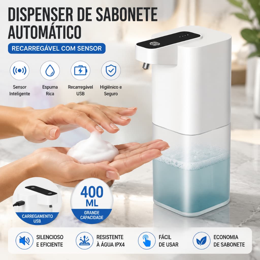 Dispenser Automático De Sabão Dispensador de Sabão Recarregável e Com Sensor Rbgdpwunta