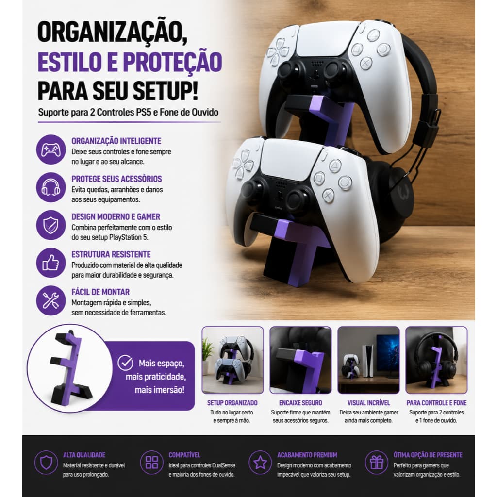Suporte para Controle e Fone de Ouvido Gamer | Organizador de Parede para PS5, Xbox, Switch e Headset