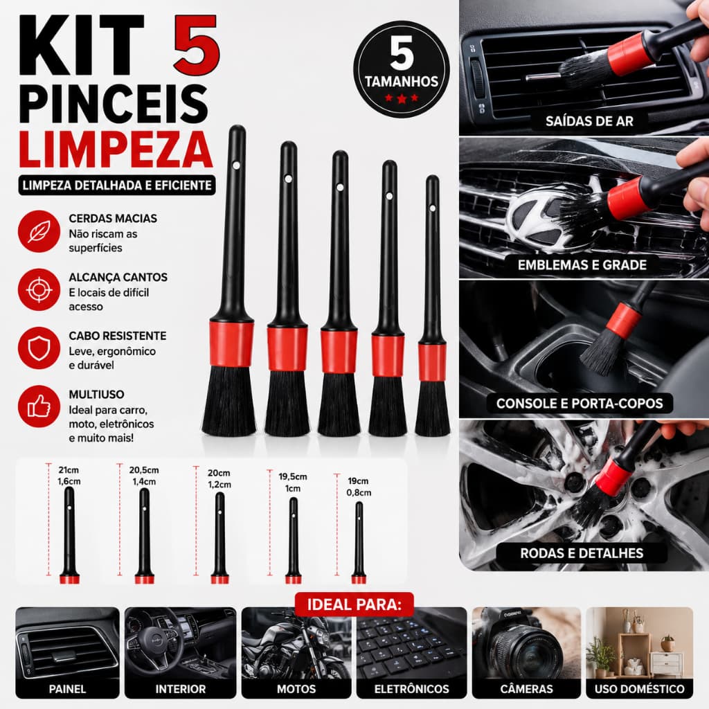 Kit 5 Pincéis para Limpeza Automotiva Detalhamento Carro Moto Painel Rodas Teclado Multiuso