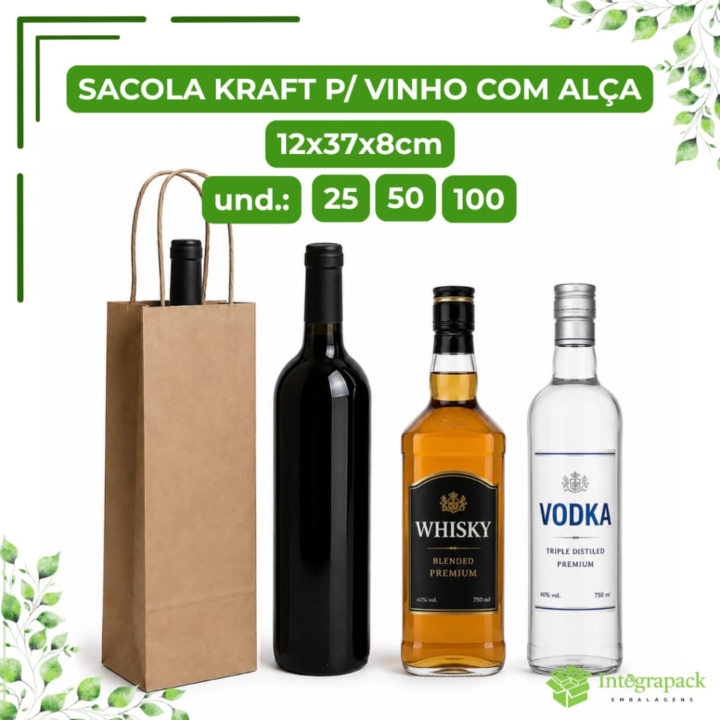Sacola Kraft Vinho com Alça Reforçada Fundo Resistente Garrafa de Vinho Whisky Espumante Presentes