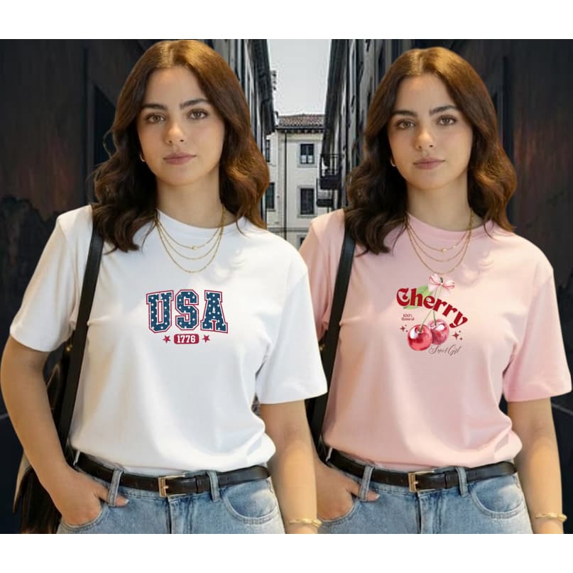 Kit 2 T-Shirt Estampada Retrô Vintage Camiseta 100% Algodão Feminina Casual Streetwear Blusa Tendência Dia a Dia