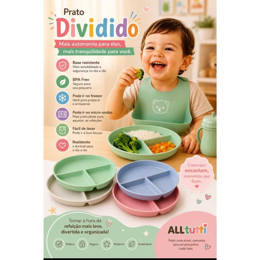 Prato Com Divisória Ecológico 22cm Infantil Introdução Alimentar Refeição Bebê Menina Menino Bebê Criança
