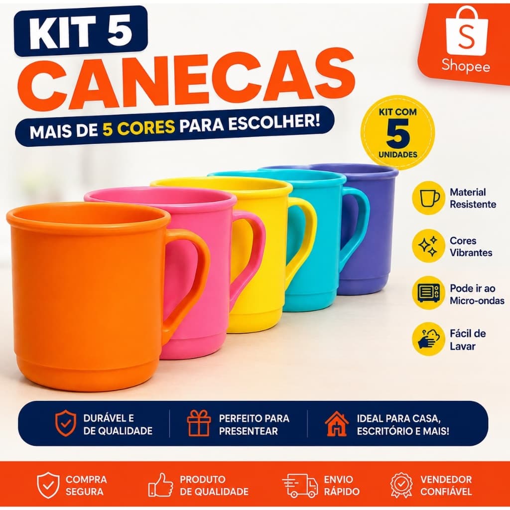 Kit 5 Canecas coloridas plástico 375 ml copo com alça servir bebidas lanche refeição kit merenda