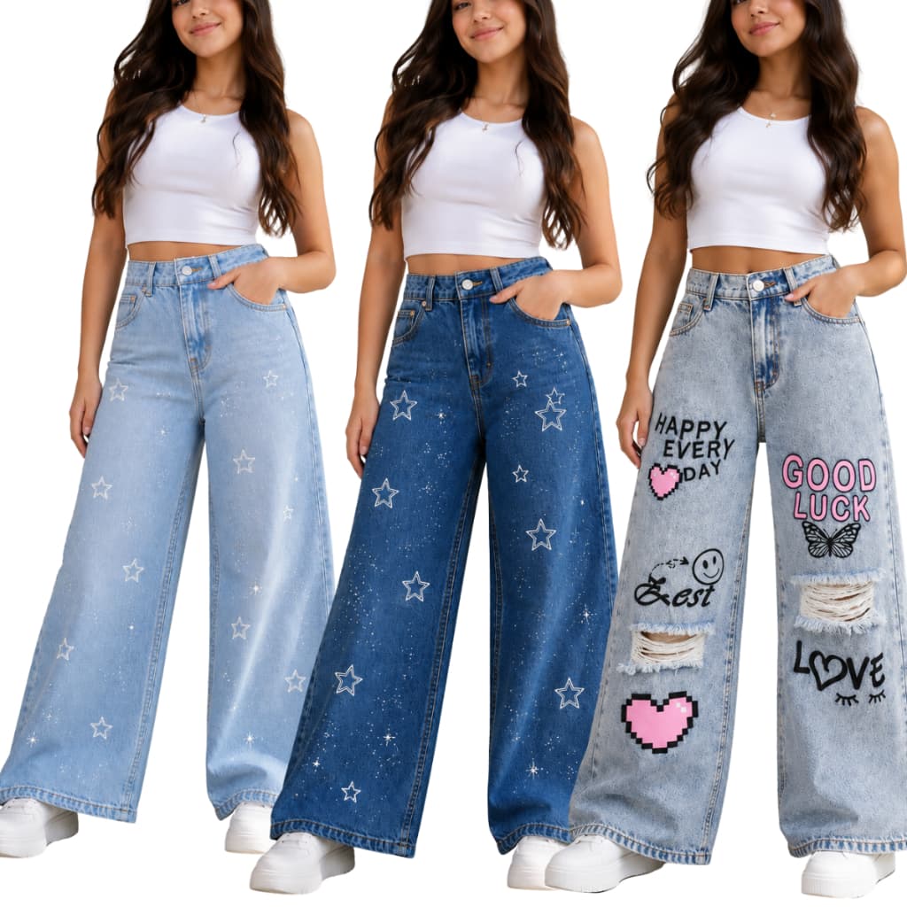 Kit 3 Calças Wide Leg Meninas Infantil e Juvenil Estampada Jeans