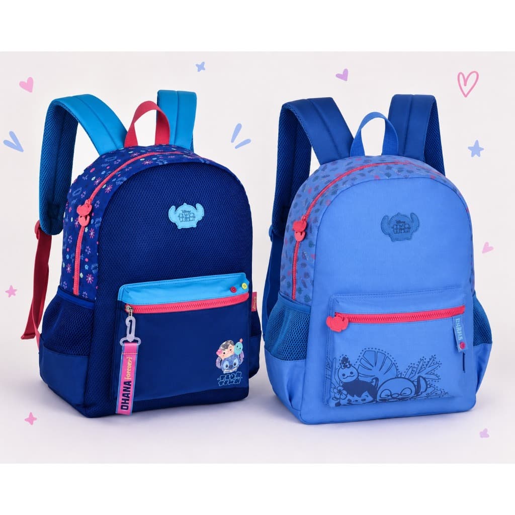 Mochila Escolar Infantil Stitch Tsum Tsum Original Grande de Costas com Bolsos Laterais Reforçada