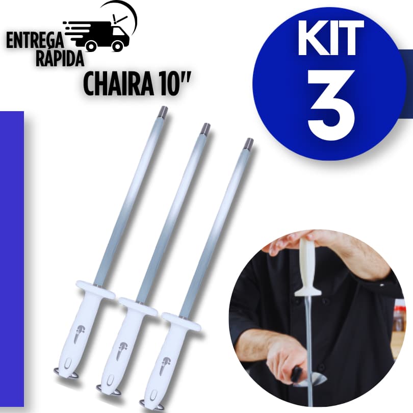 Conjunto Kit Chaira Afiadora Profissional Estriada Amoladora Para Facas 10" Com Cabo Ergonômico Resistente Churrasco