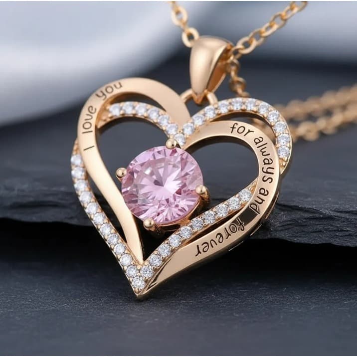 Colar My EK Luxo Coração Prata 925 c/ Ródio e Pedras Zircônia Rosa
