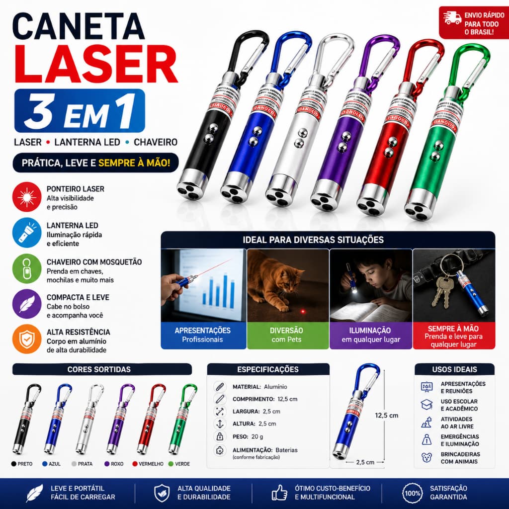 Caneta Laser 3 em 1 Mini Lanterna Chaveiro Cores Sortidas