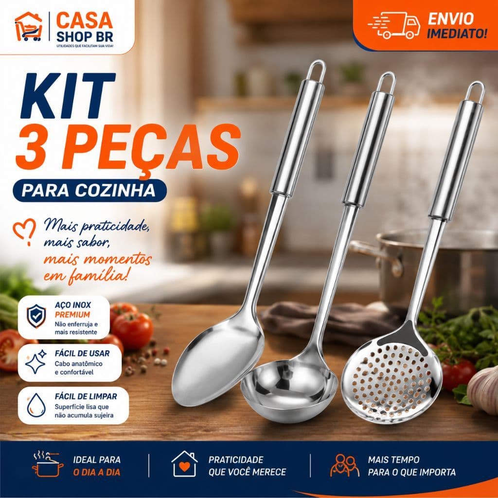 Kit Utensílios Colher De Arroz Concha Escumadeira Inox 33cm Para Cozinha Servir Alimentos
