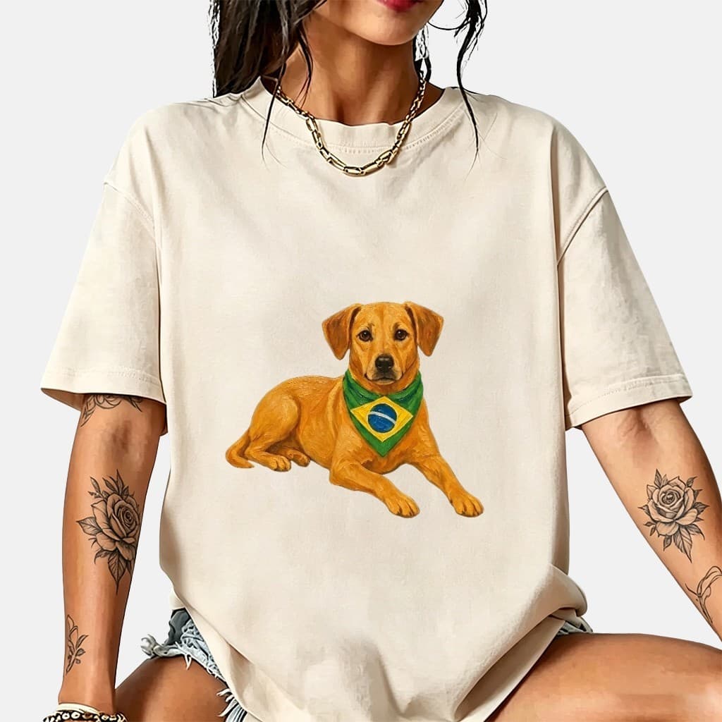 [Envio Rápido]Camiseta Oversized Estampa Cachorro Bandeira Brasil 100% Algodão Plus Size Moda Feminina