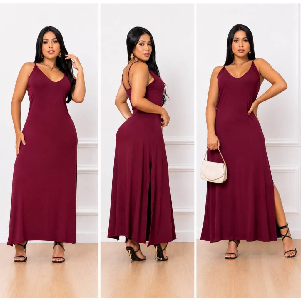 VESTIDO LONGO VISCOLYCRA VINHO DECOTE V COM ALÇA E FENDA LATERAL ZERO TRANSPARÊNCIA VESTE DO 36 AO 44 MODA FEMENINA